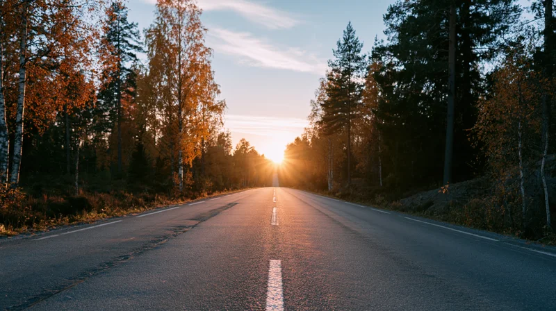 Empty two-lane asphalt road stretching toward sunset through autumn forest