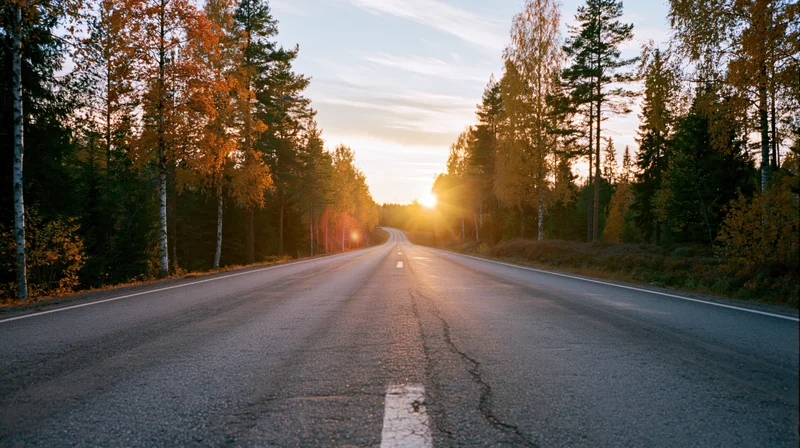 Empty two-lane asphalt road stretching through autumn forest at sunset