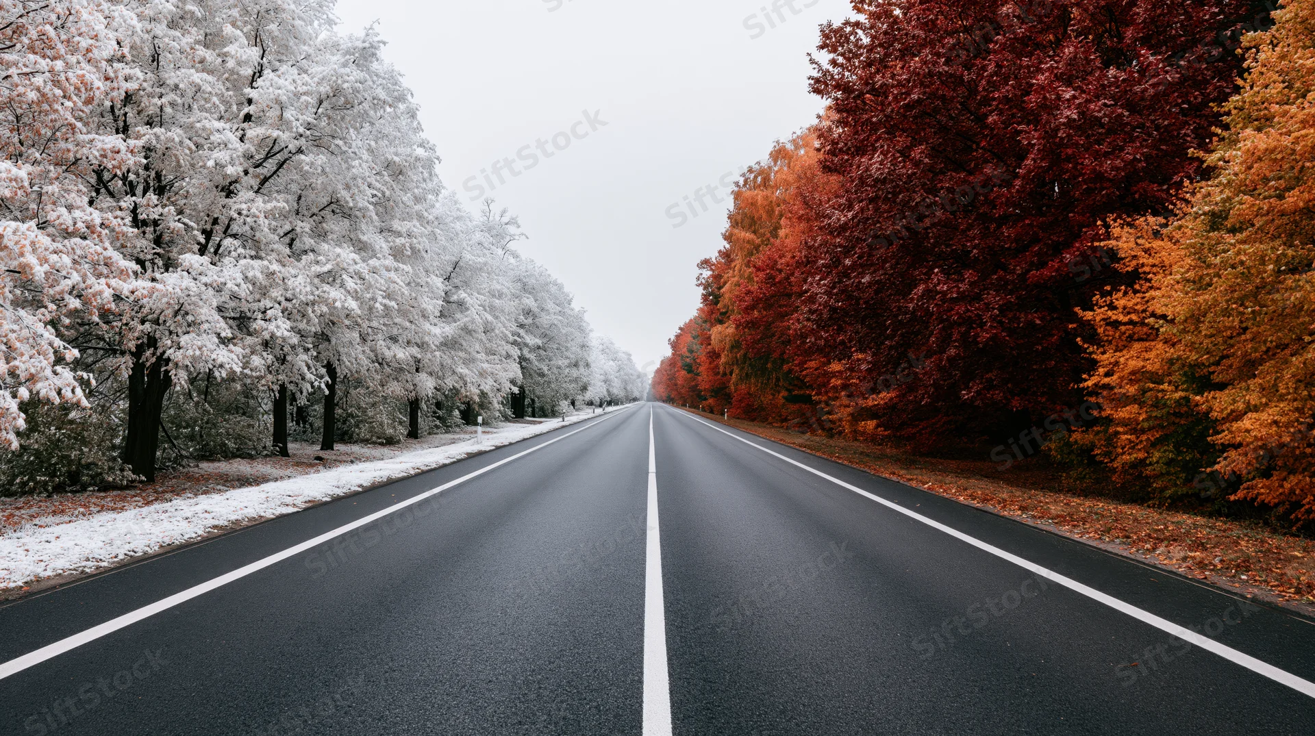 Straight asphalt road stretching to vanishing point lined with snow-covered trees on one side and autumn-colored trees on the other