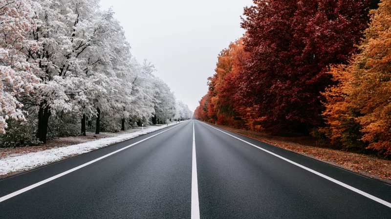 Straight asphalt road stretching to vanishing point lined with snow-covered trees on one side and autumn-colored trees on the other
