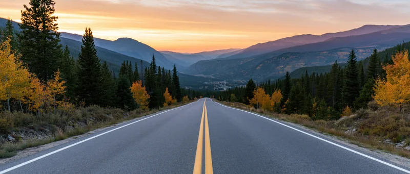 Two-lane highway stretching toward distant mountains at sunset through autumn forest