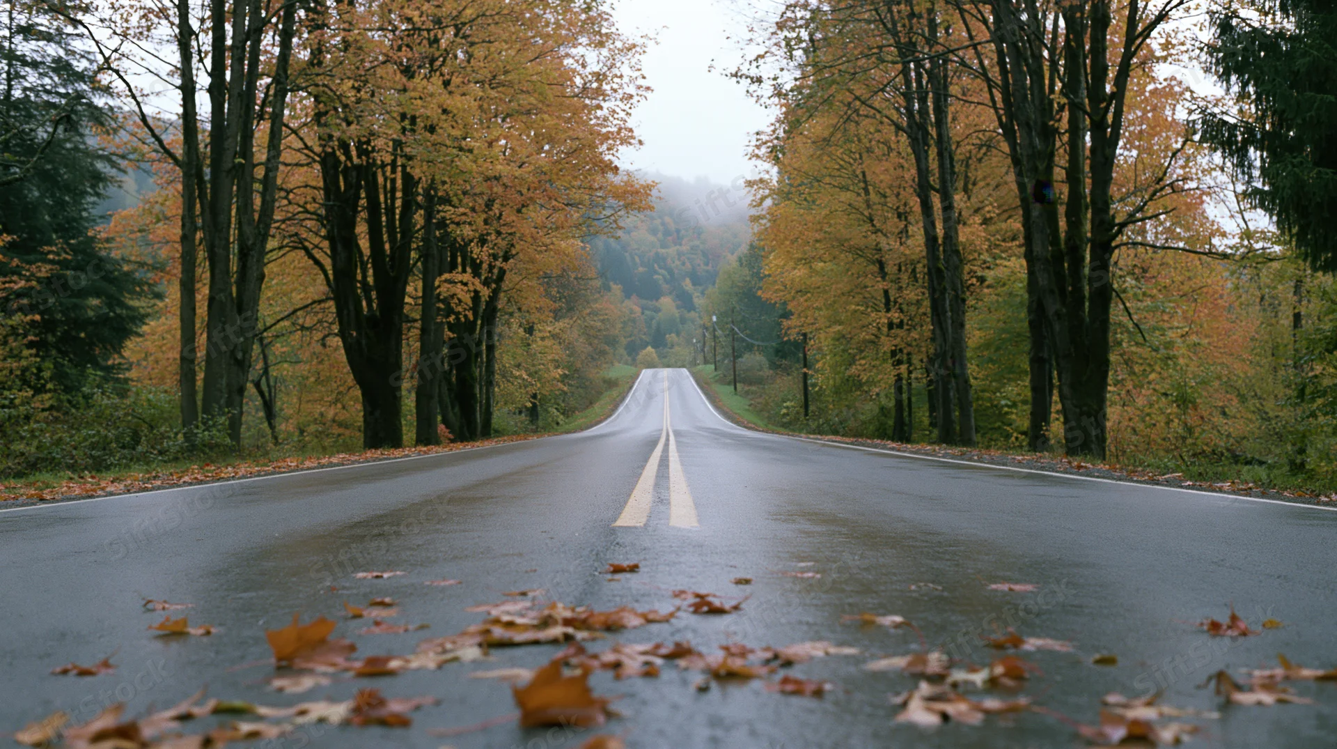 Wet two-lane rural road lined with autumn trees stretching into misty distance