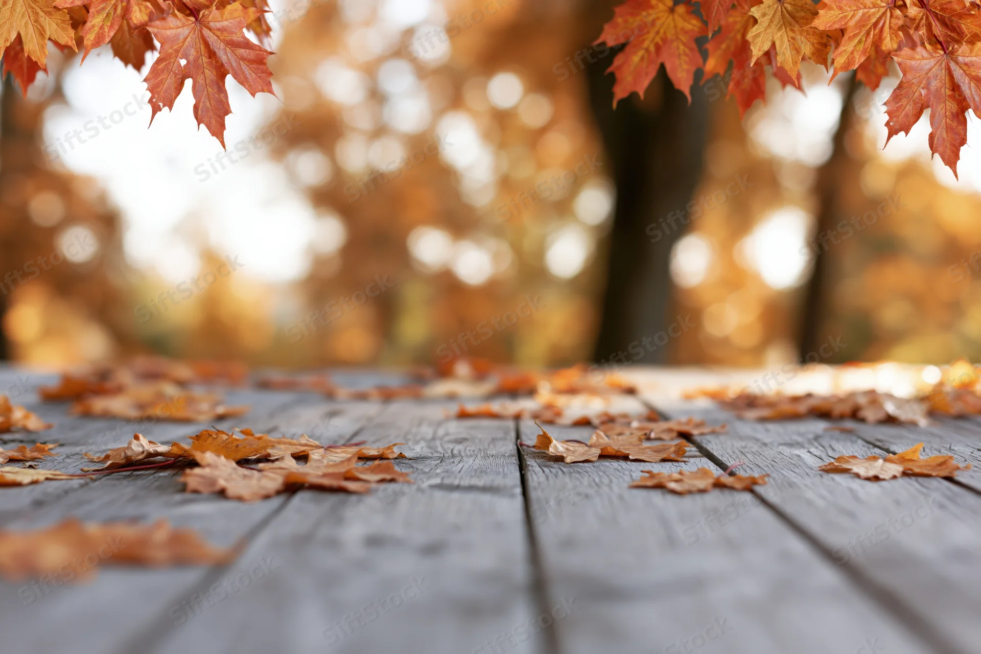 Weathered wooden deck with scattered autumn maple leaves and blurred forest background