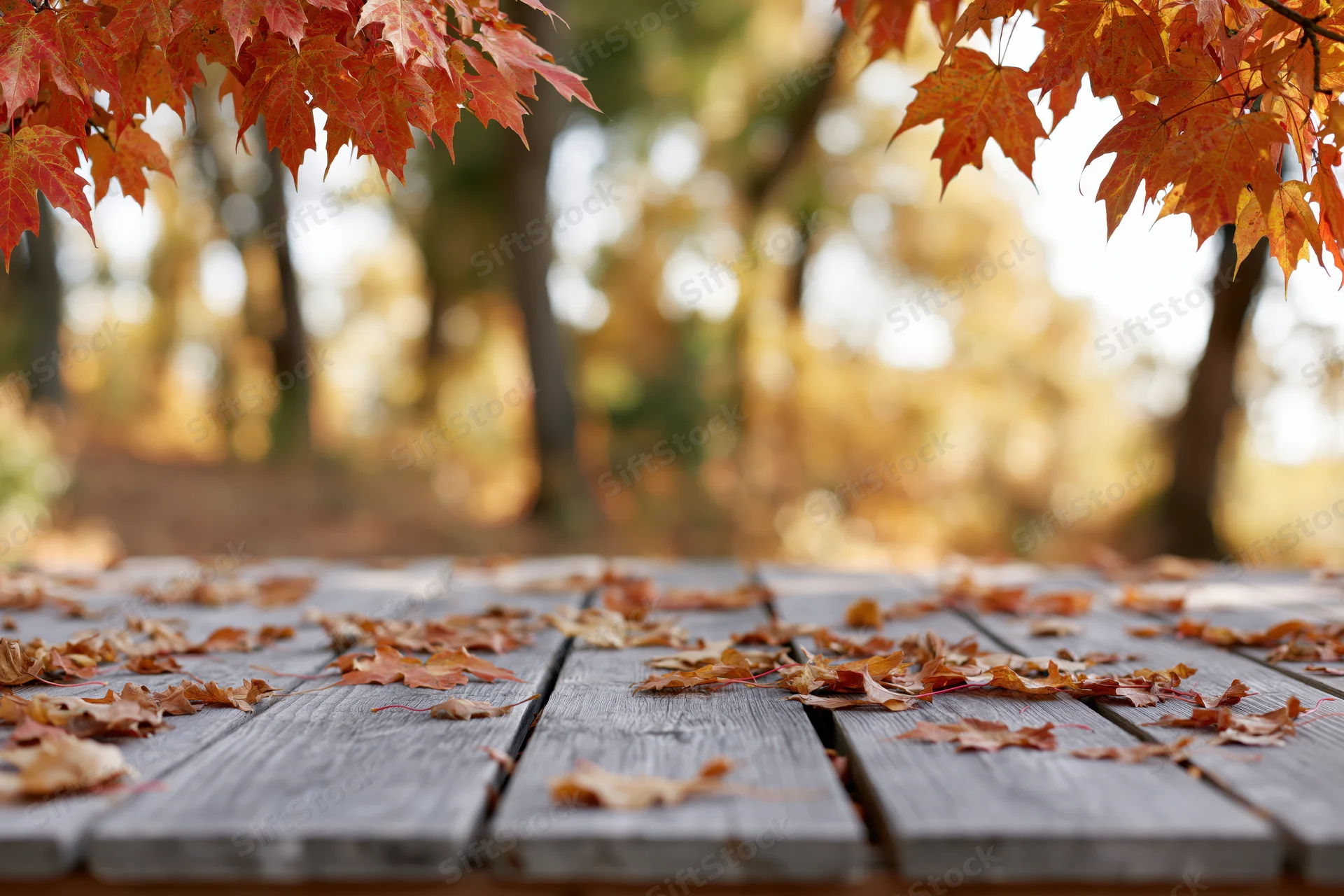 Weathered wooden deck planks covered with fallen maple leaves in an autumn park setting
