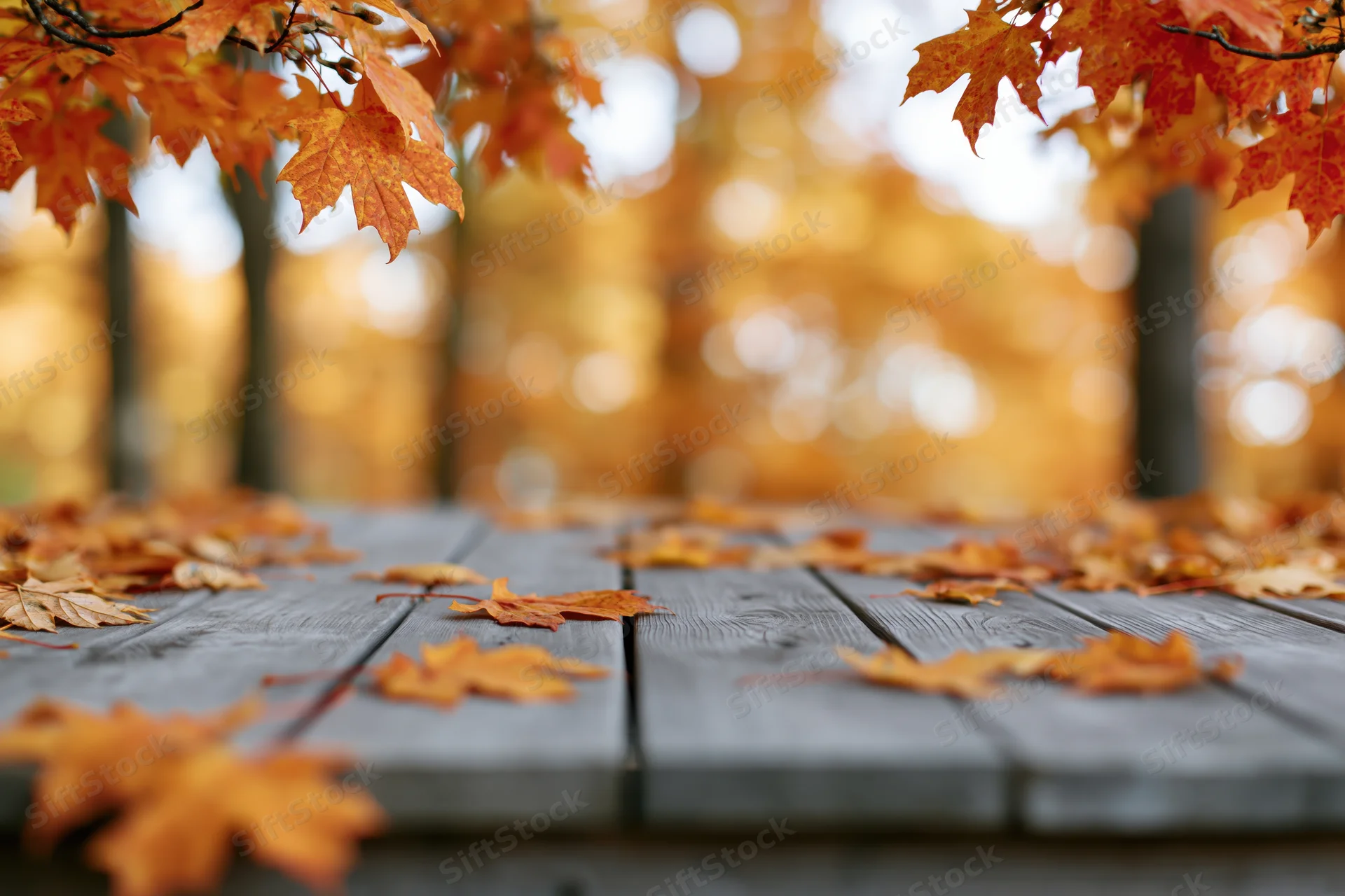 Autumn leaves scattered on a weathered wooden deck with blurred trees in the background