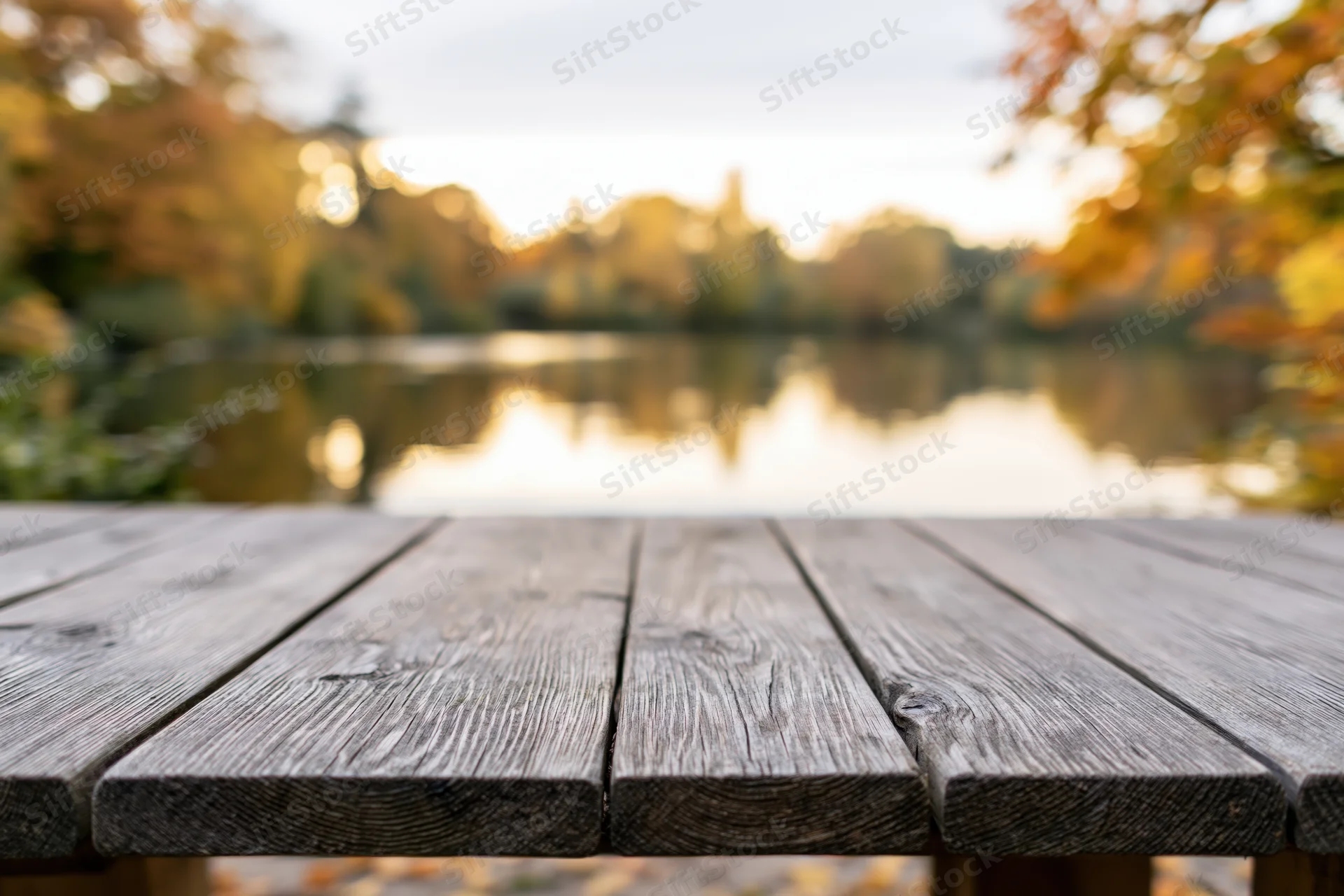 Weathered wooden table in foreground overlooking lake surrounded by autumn trees at sunset