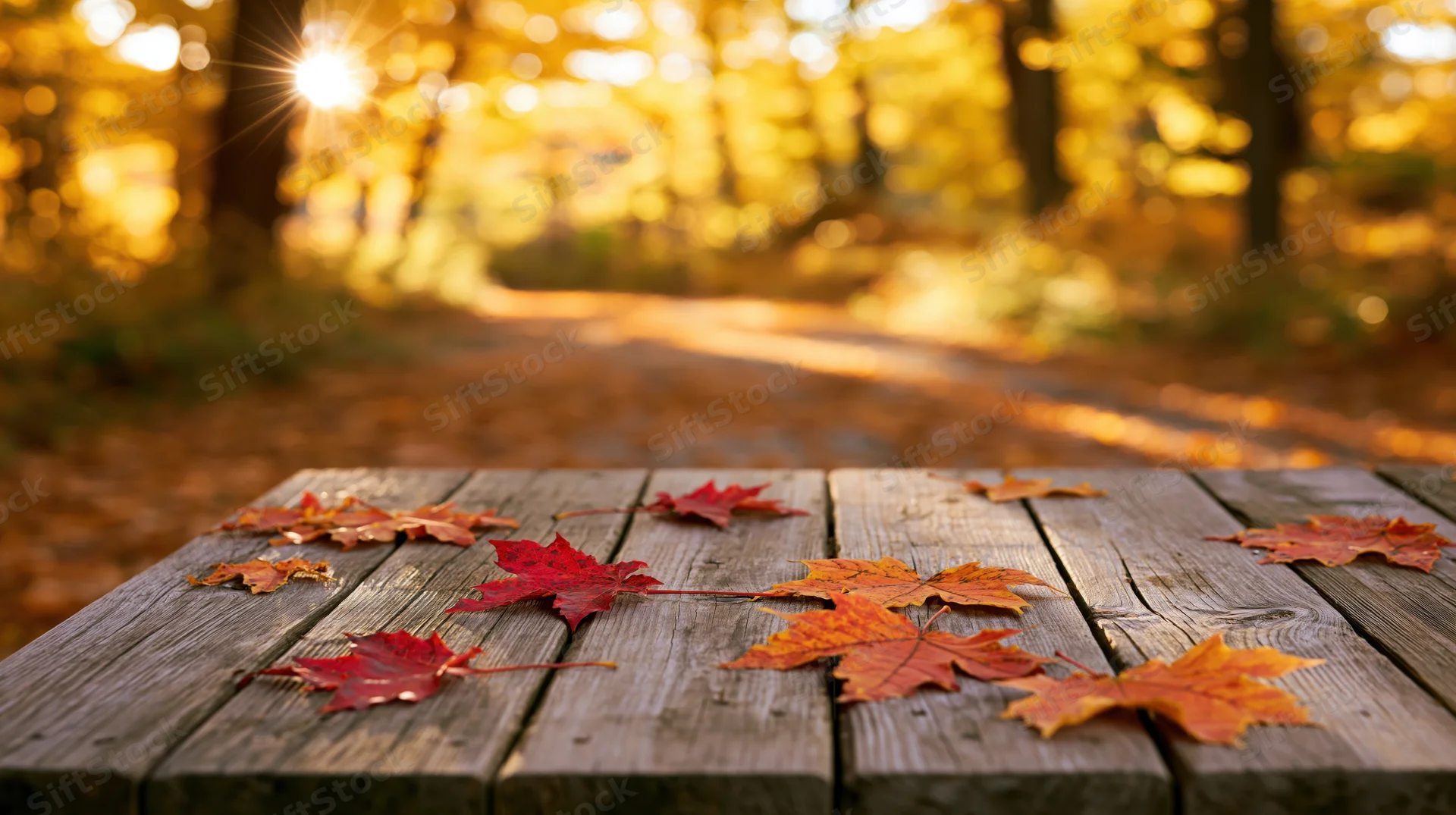 Weathered wooden table with autumn maple leaves in a sunlit forest path