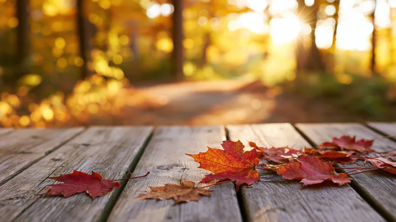 Red and orange maple leaves scattered on a weathered wooden table in a sunlit forest clearing