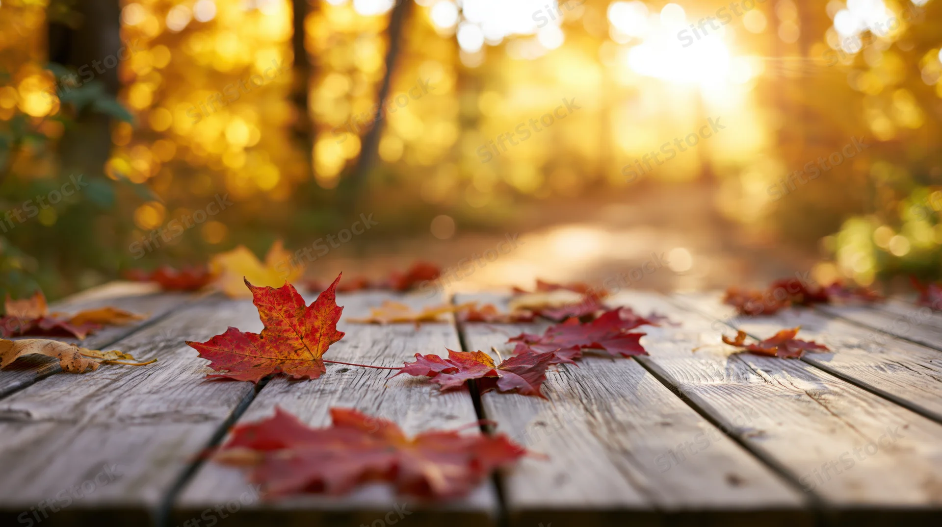 Red and orange maple leaves scattered on a weathered wooden plank table in a sunlit autumn forest path