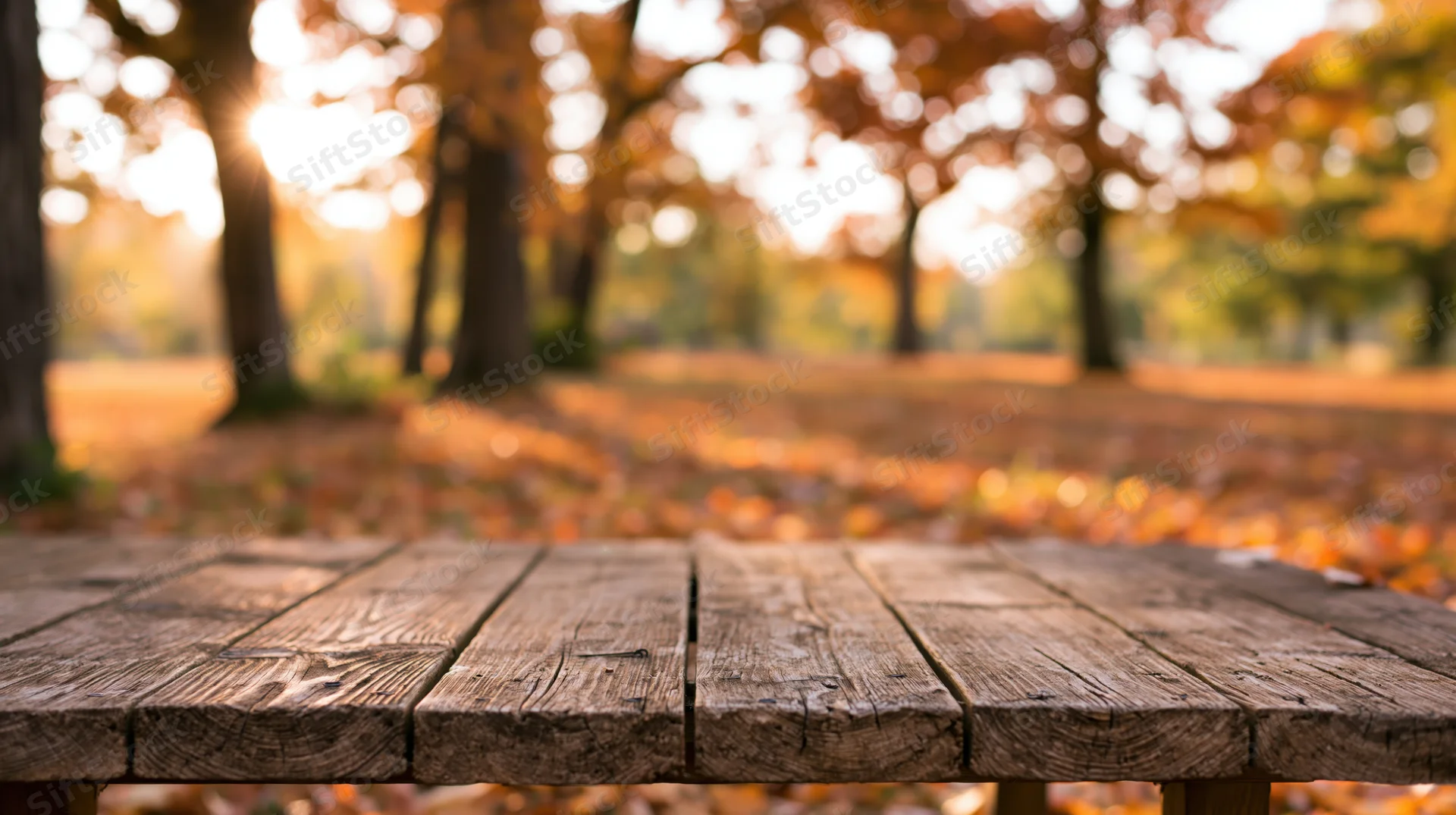 Weathered wooden plank table surface in sharp focus with autumn forest and fallen leaves blurred in background