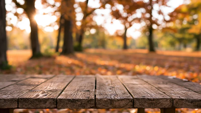 Weathered wooden plank table surface in sharp focus with autumn forest and fallen leaves blurred in background