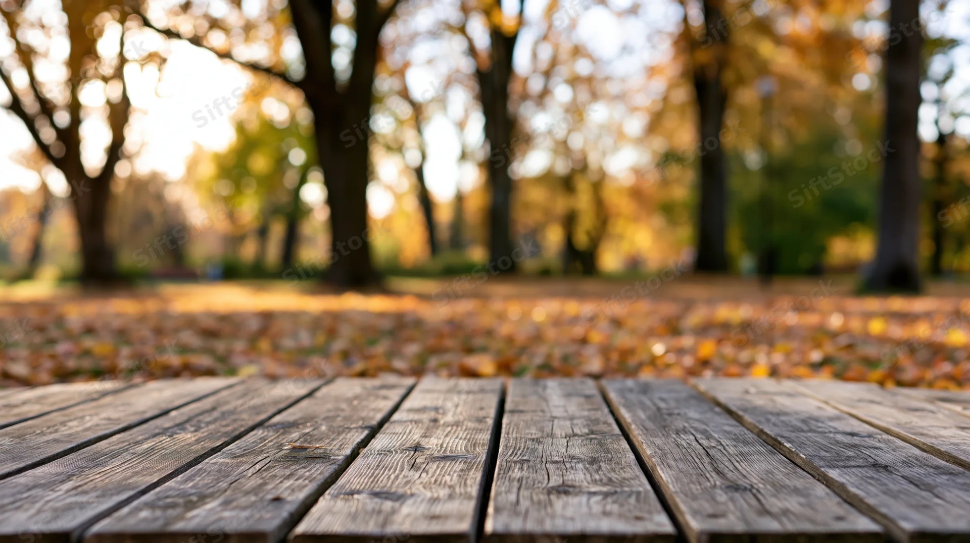 Weathered wooden plank table surface in a park with autumn trees and fallen leaves in the background