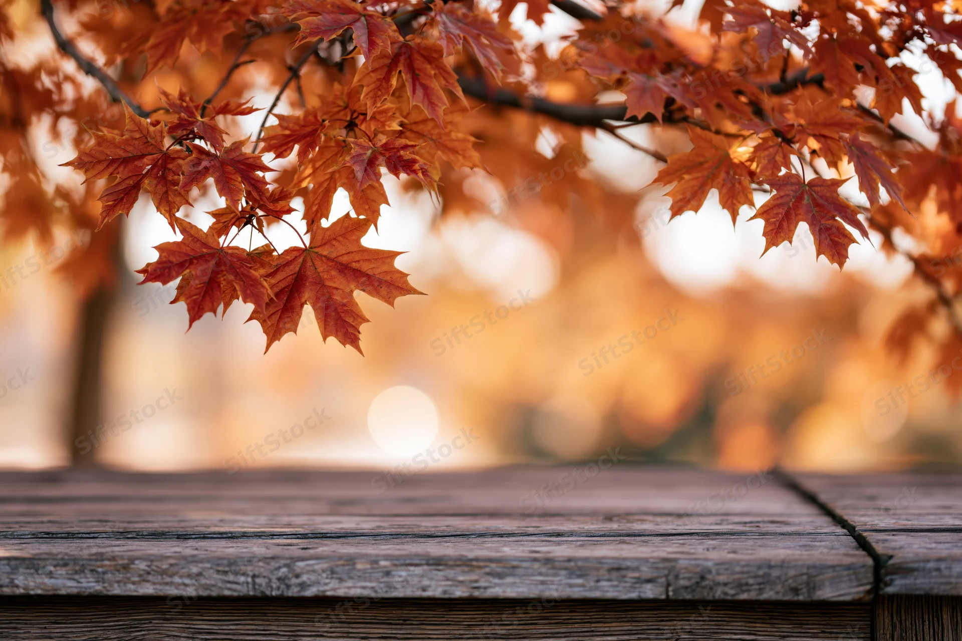 Weathered wooden table surface in foreground with autumn maple leaves above