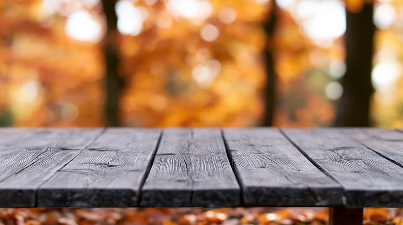 Weathered wooden plank table surface in an autumn forest setting