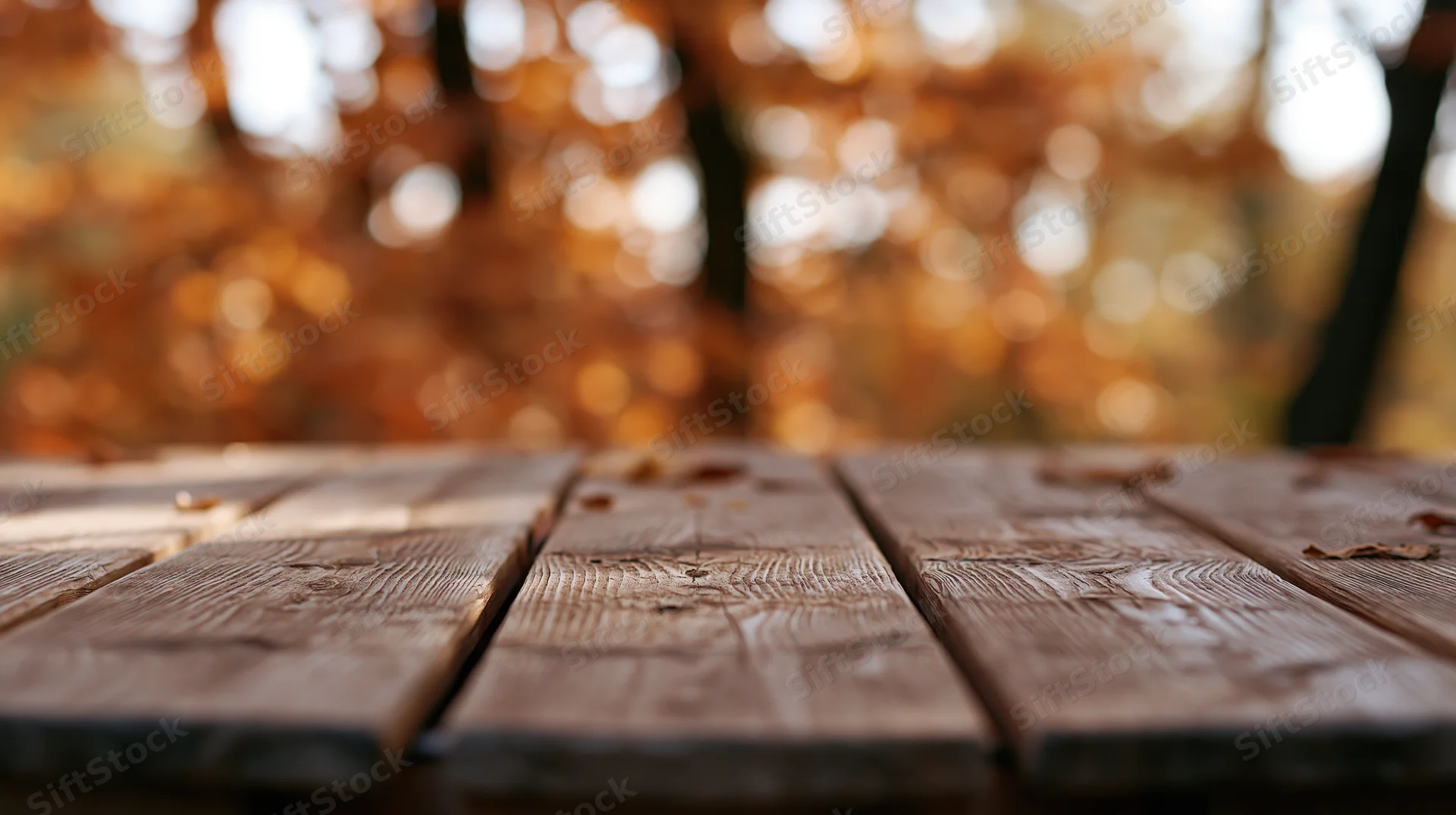 Weathered wooden plank table surface in an autumn park setting with blurred foliage background