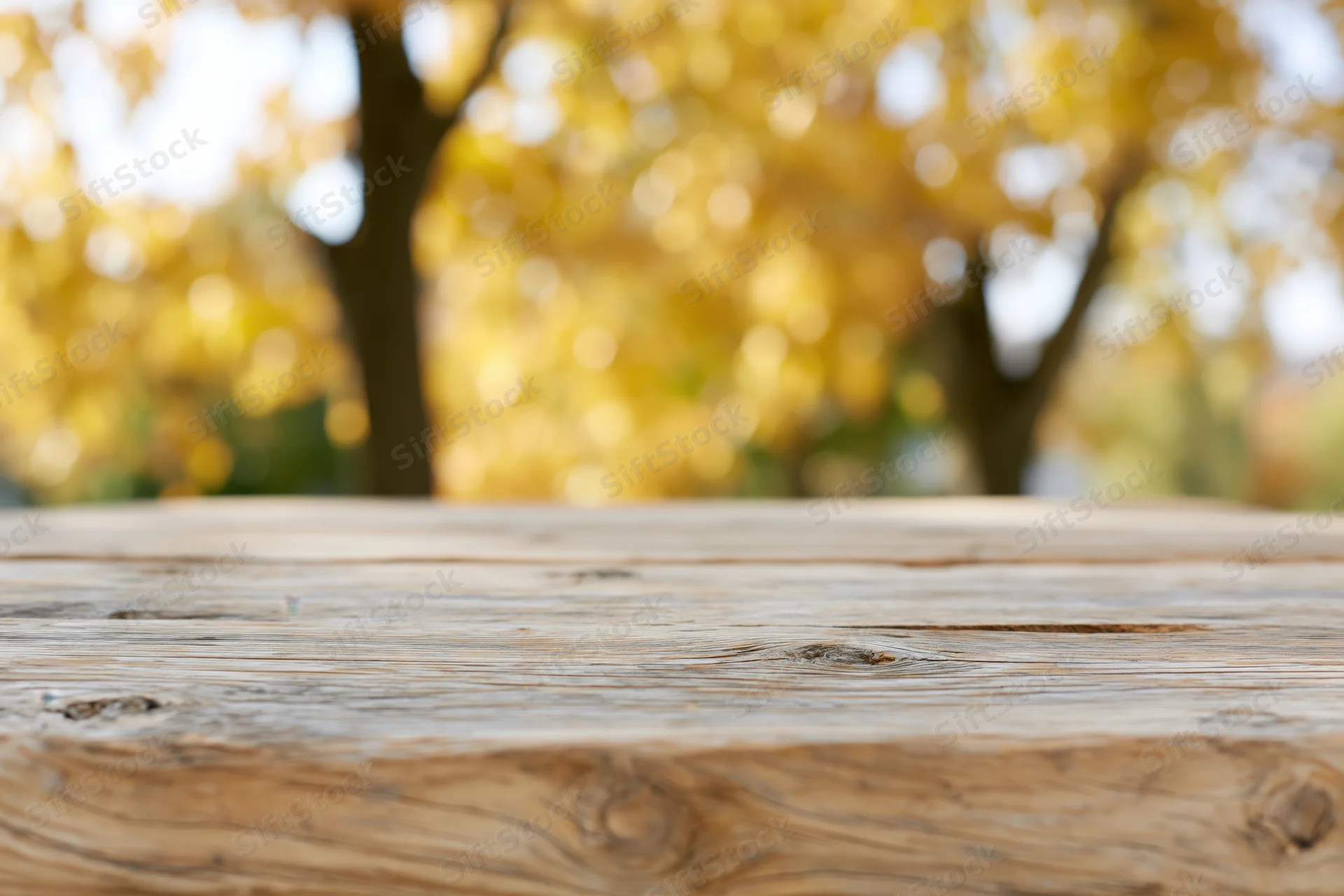 Weathered wooden tabletop in foreground with blurred autumn trees in background
