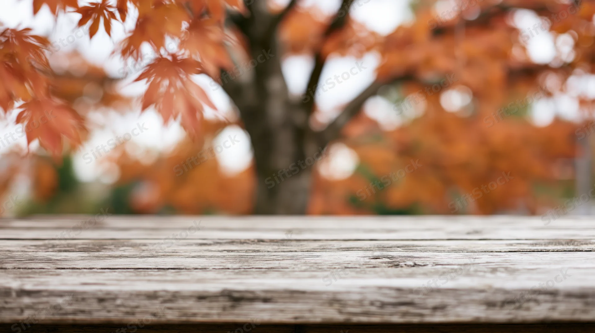 Weathered wooden table in foreground with autumn maple leaves blurred in background