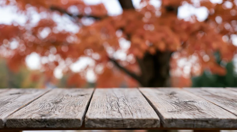 Weathered wooden plank tabletop in foreground with blurred autumn foliage background