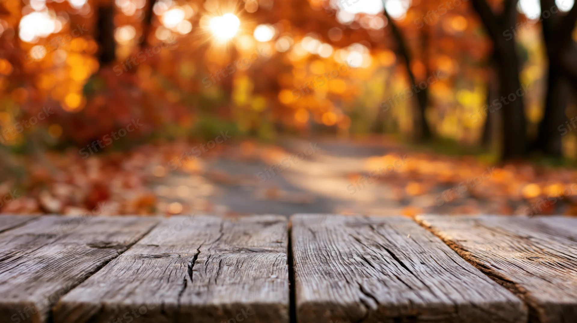 Weathered wooden table in foreground with autumn forest path and sunlight in background