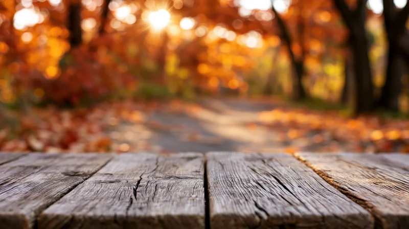 Weathered wooden table in foreground with autumn forest path and sunlight in background