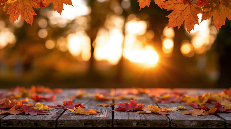 Weathered wooden table scattered with autumn maple leaves in front of blurred sunset background
