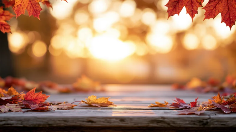 Weathered wooden table scattered with autumn maple leaves in front of warm bokeh lights