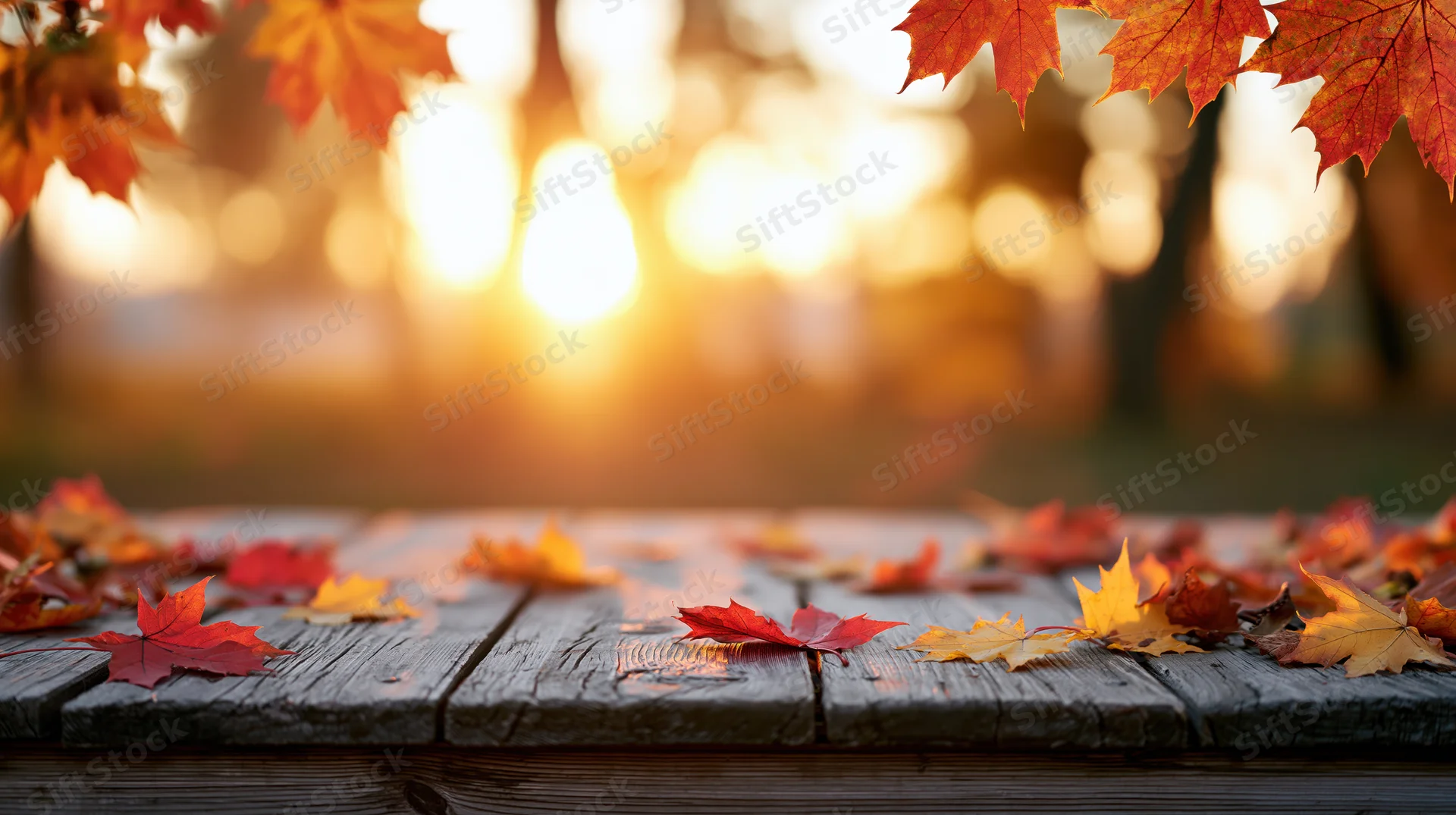 Scattered autumn maple leaves on a weathered wooden table at sunset with bokeh background