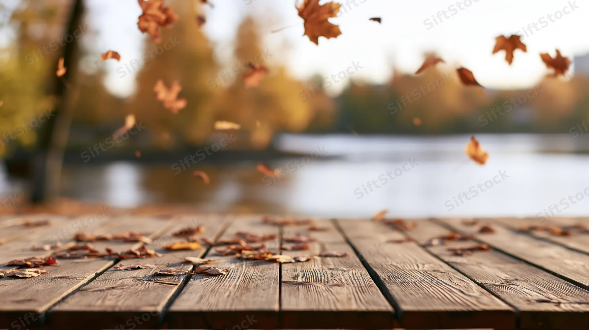 Weathered wooden table surface in foreground with falling autumn leaves near a lake