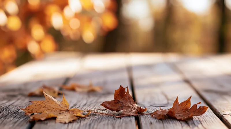 Fallen autumn leaves on a weathered wooden table outdoors