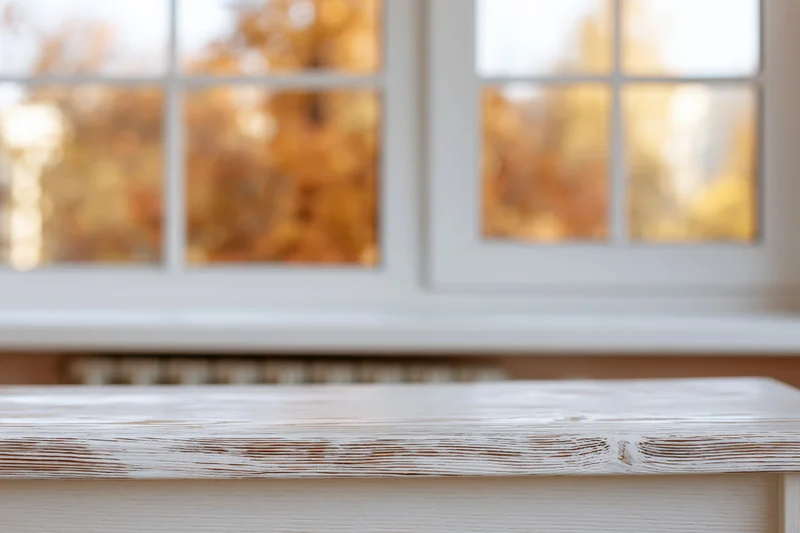 White-painted wooden table surface in sharp focus with blurred autumn window view in background
