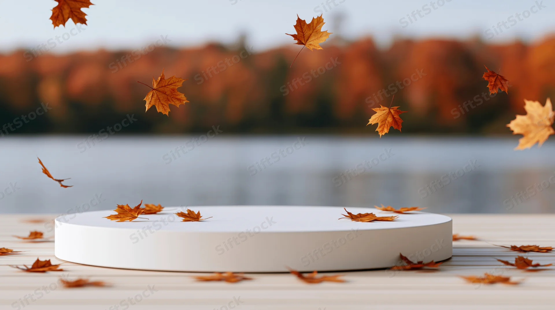 White round display platform on wooden deck with floating autumn maple leaves near lake and forest background
