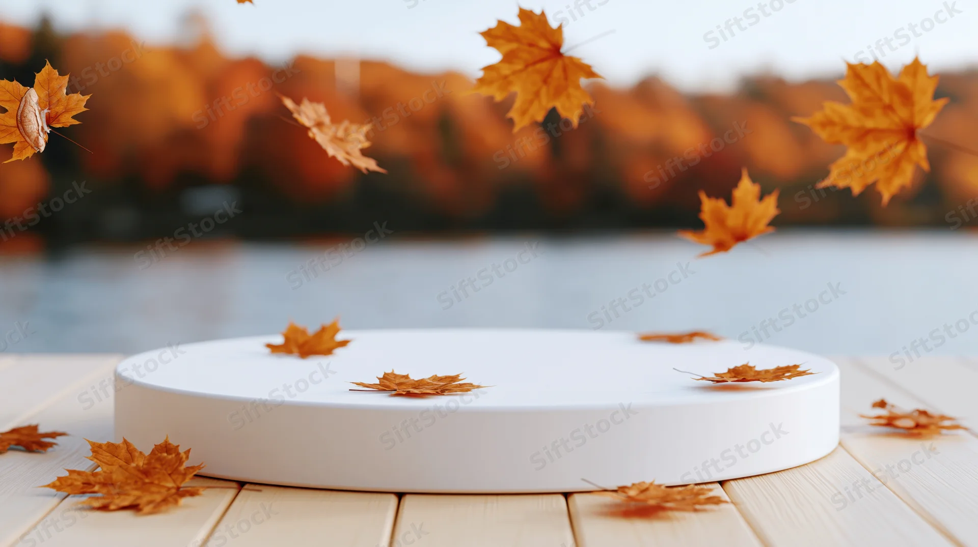 White circular display platform on wooden deck with falling maple leaves in autumn setting