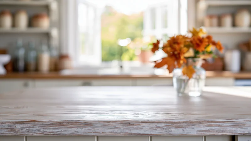 Whitewashed wooden kitchen table with autumn flowers in glass vase near window