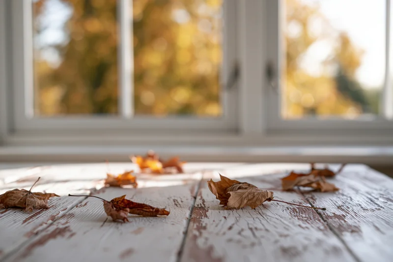 Dry autumn leaves scattered on a whitewashed wooden table by a window