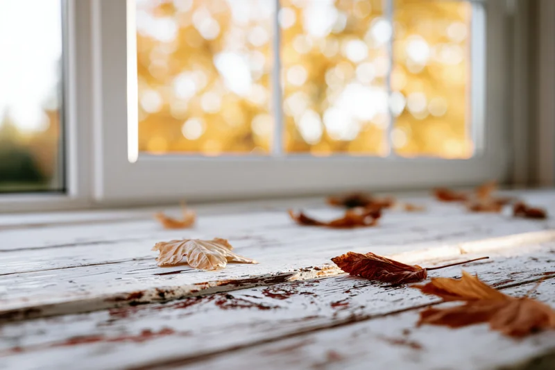 Dry autumn leaves scattered on a whitewashed wooden tabletop by a window with golden bokeh light outside