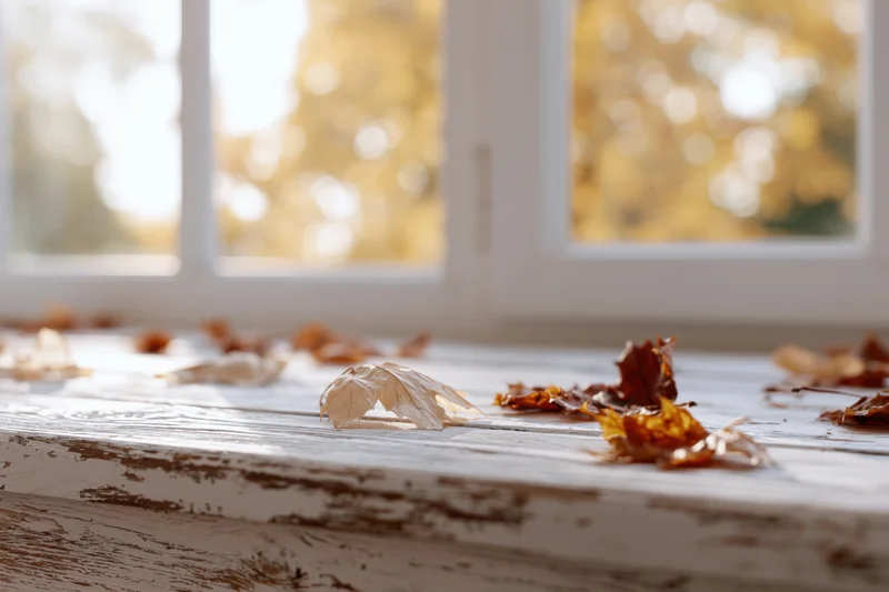 Dry autumn leaves scattered on a whitewashed wooden table by a window with blurred foliage outside
