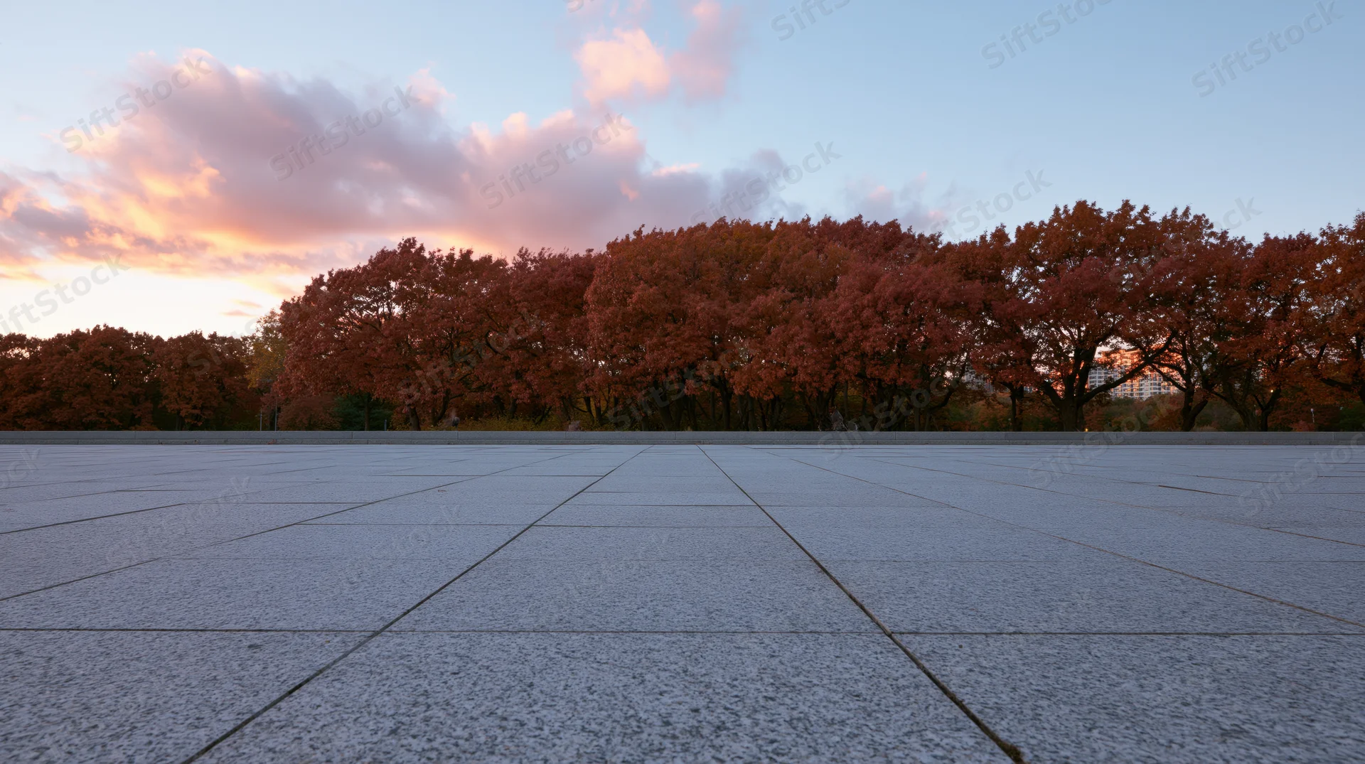 Wide granite tile plaza stretching to horizon lined with autumn trees under sunset sky