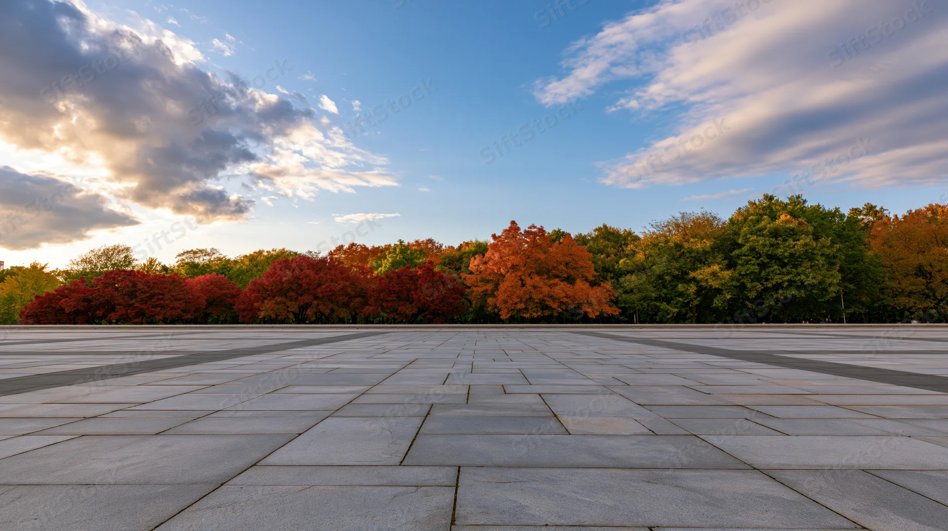 Wide granite tile plaza stretching to horizon with autumn trees under cloudy sky