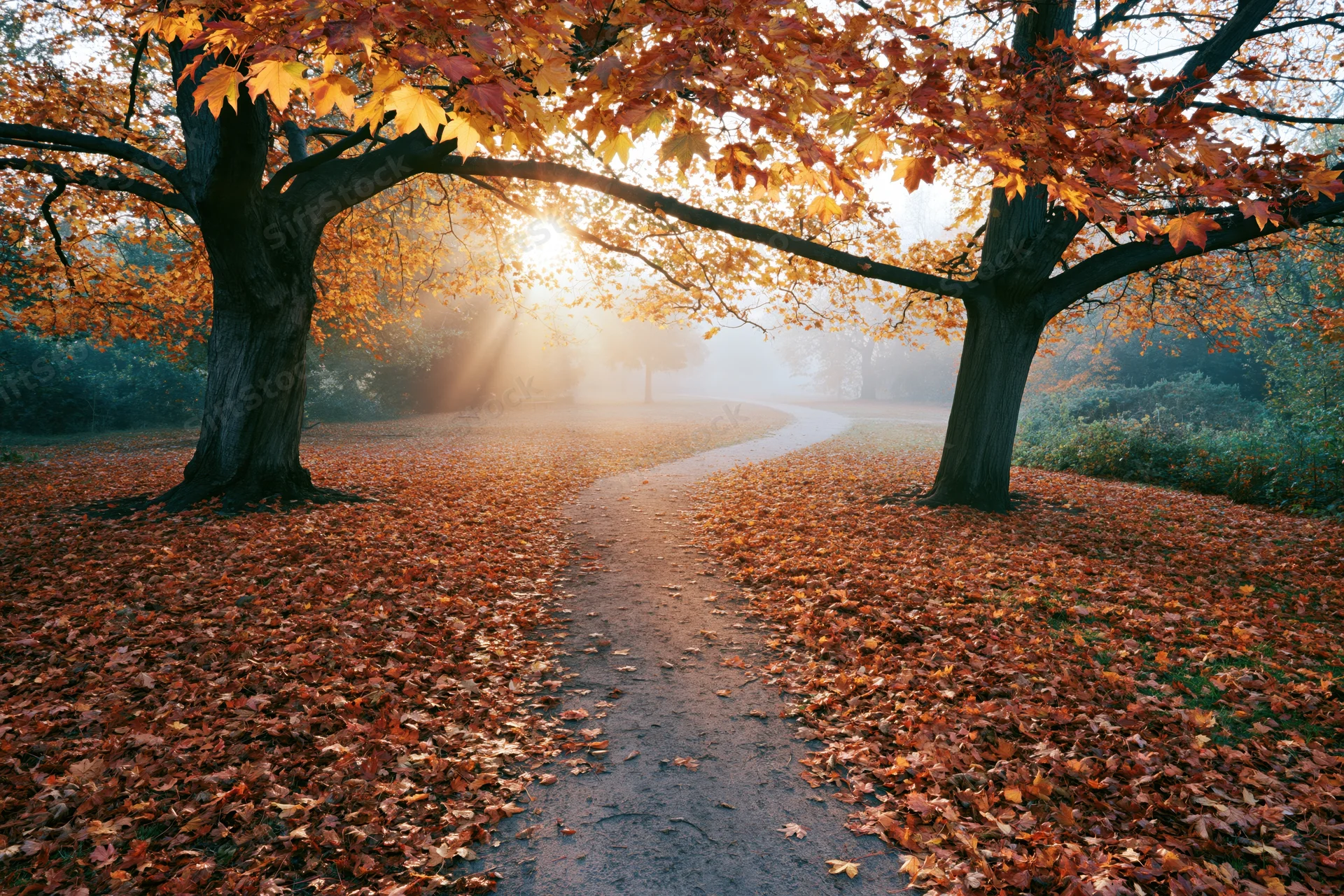 Winding dirt path through a deciduous park in peak autumn with fallen leaves and sunlight filtering through trees