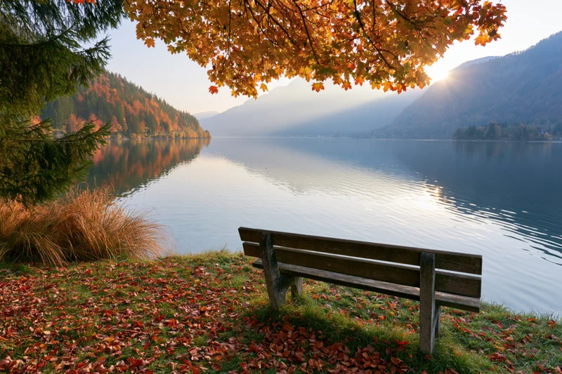 Wooden bench beside calm lake in autumn landscape with colorful foliage and mountains in background