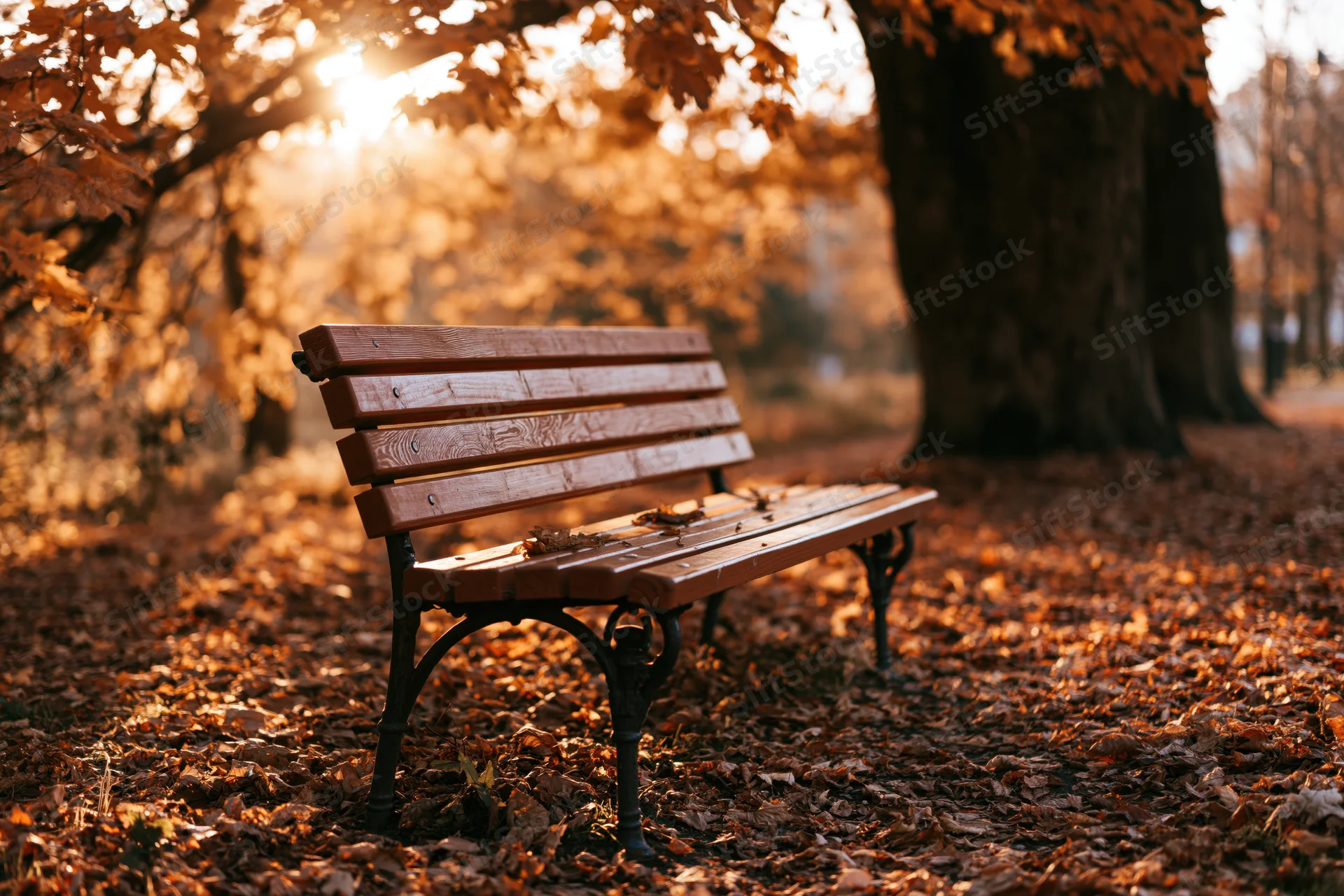 Wooden park bench with iron legs on leaf-covered ground under autumn trees with sunlight filtering through branches