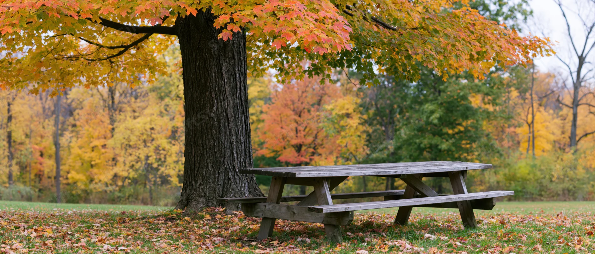 Wooden picnic table beneath a large maple tree in an autumn park