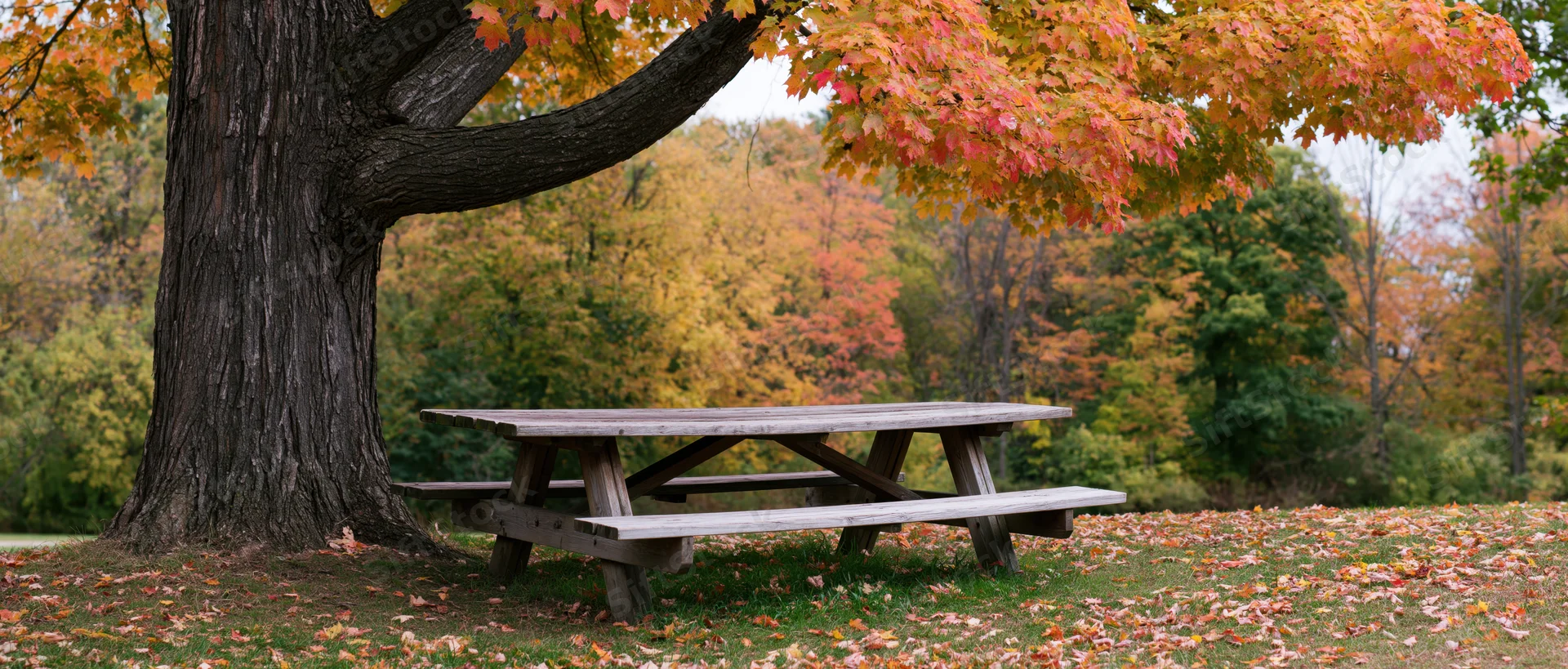 Wooden picnic table under a large maple tree in autumn park setting