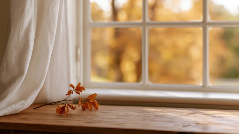 Autumn leaves on a wooden table by a window with outdoor foliage view