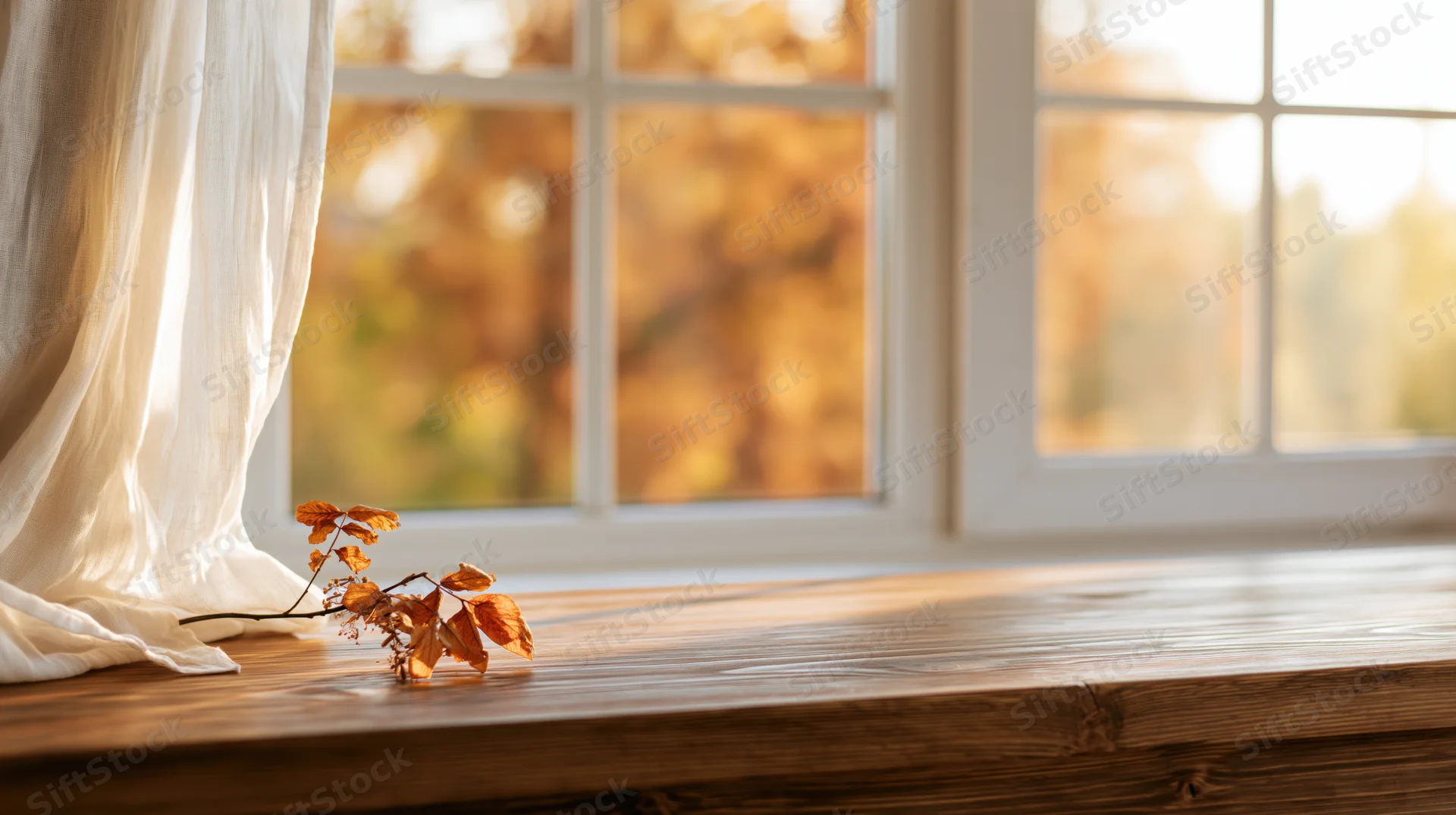 Wooden tabletop with a single autumn leaf near a window overlooking fall foliage