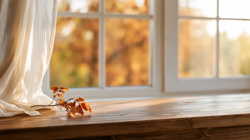 Wooden tabletop with a single autumn leaf near a window overlooking fall foliage