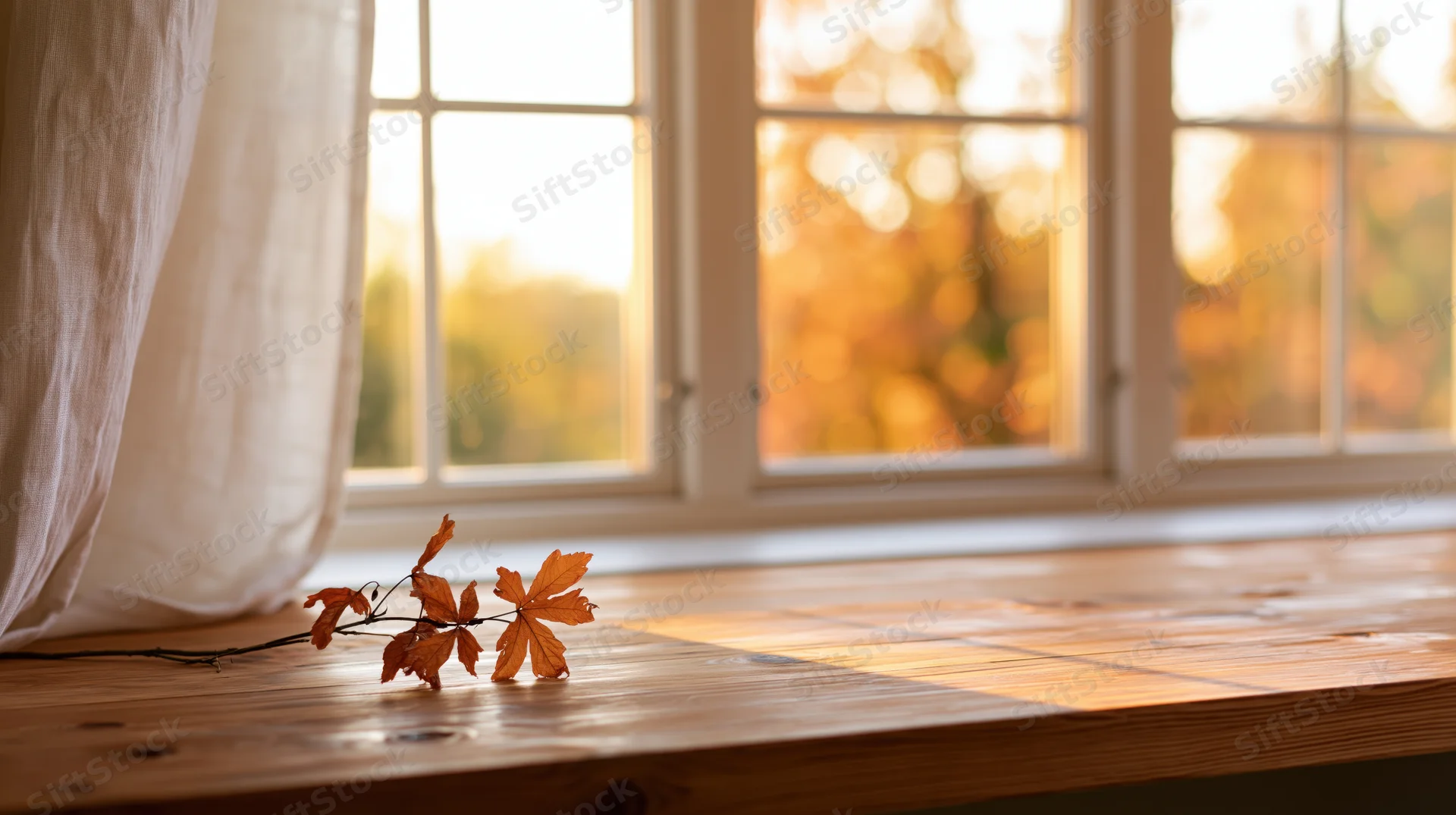 Autumn leaf on wooden table by window with sunlight streaming through panes