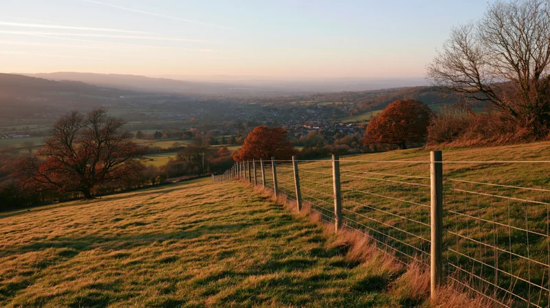 Wide view of a grassy hillside with a wire fence and autumn trees overlooking a valley at sunset
