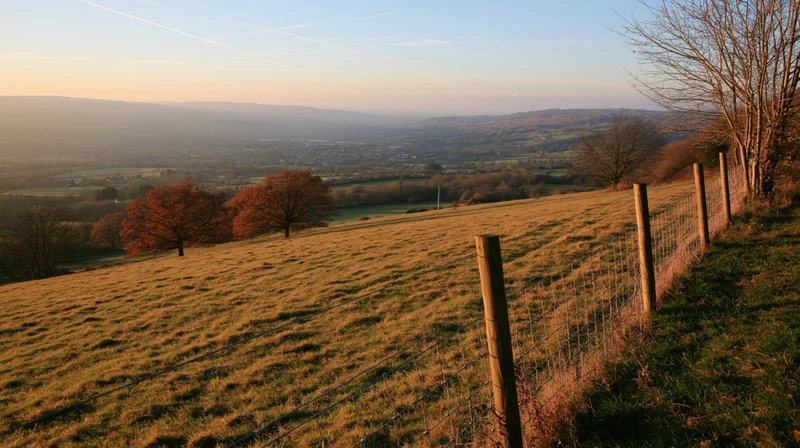 Wide view of a grassy hillside with a wire fence and autumn trees overlooking a valley at sunset