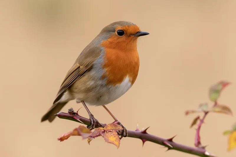 Robin perched on a thorny rose stem in a natural outdoor setting